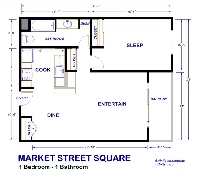 Large 1 Bedroom Standard 414 floor plan